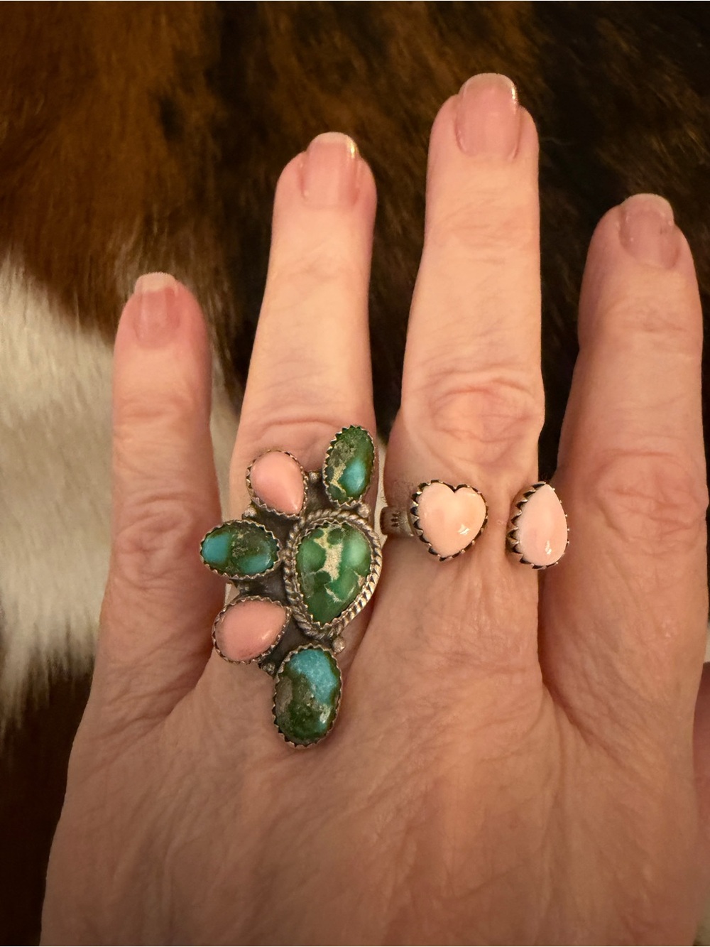 ❤️ Sonoran Gold Turquoise & Pink Conch ADJ 4.5 - 8.6 Statement Ring Matte 925 - Picture 3 of 15